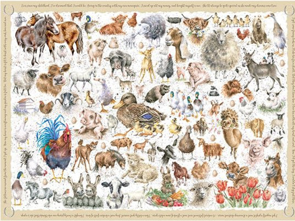 A 1000 piece jigsaw puzzle with watercolour illustrations of various farmyard animals in a beige box.