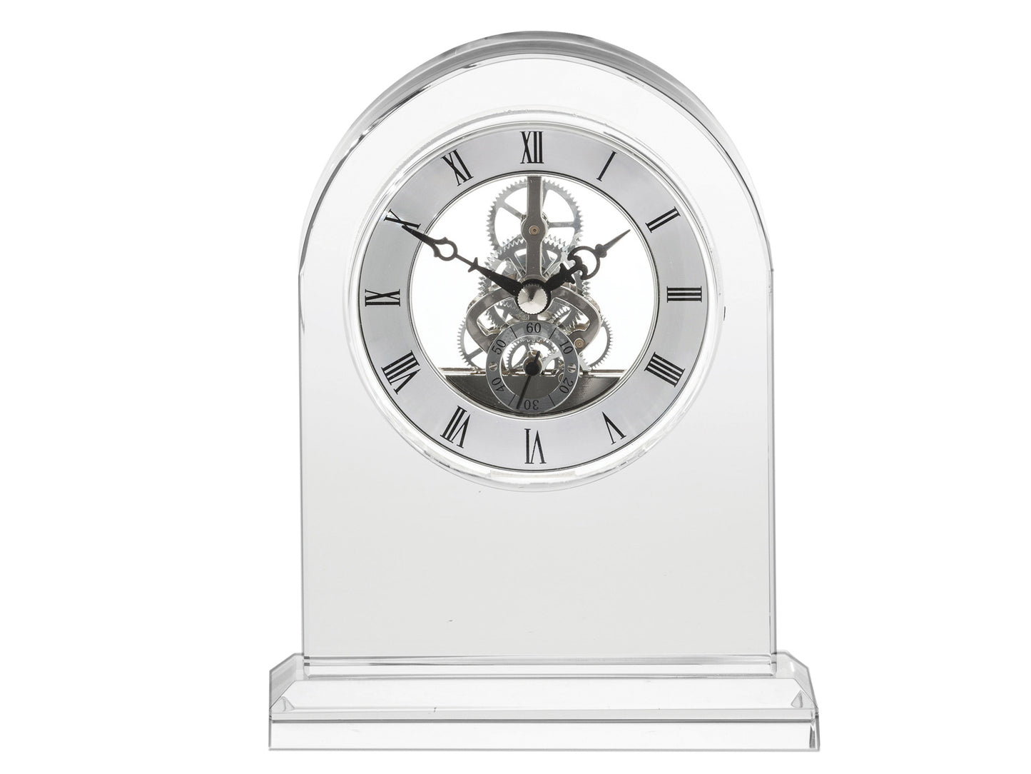 A large crystal clock with a stepped base, featuring an exposed movement behind the silver face