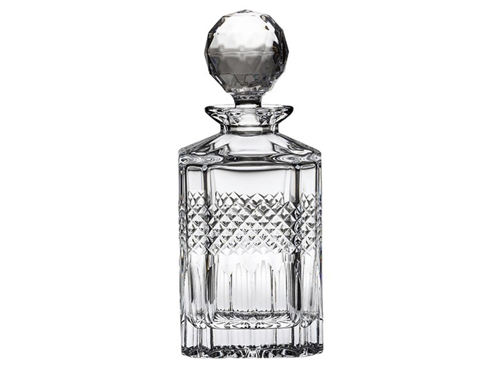 A square crystal spirit decanter with art-deco style panels cut into the bottom with a band of diamonds above it and a smooth top. It has a golf-ball style stopper.