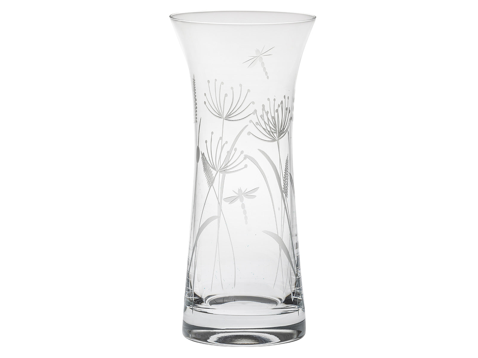 Royal Scot Crystal Dragonfly Vase - Lily is hand-cut in Britain with the Sanderson design of bulrushes and dandelions, as well as two dragonflies flying amongst the foliage. The vase itself is long, slender and flares outward at the top as well as having a weighted bottom.