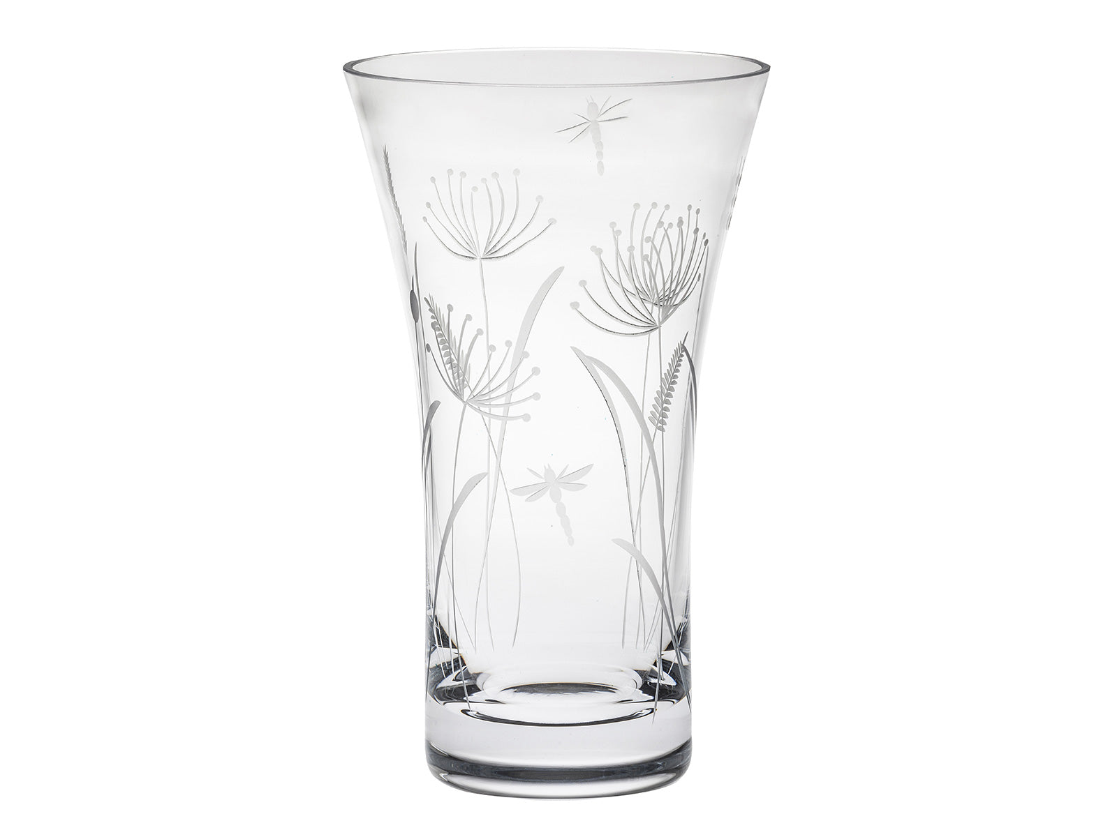 Royal Scot Crystal Dragonfly Vase - Flared is hand-cut in Britain from the finest crystal, engraved with its signature design of a pair of dragonflies dotted amongst long-stemmed dandelions and bulrushes.