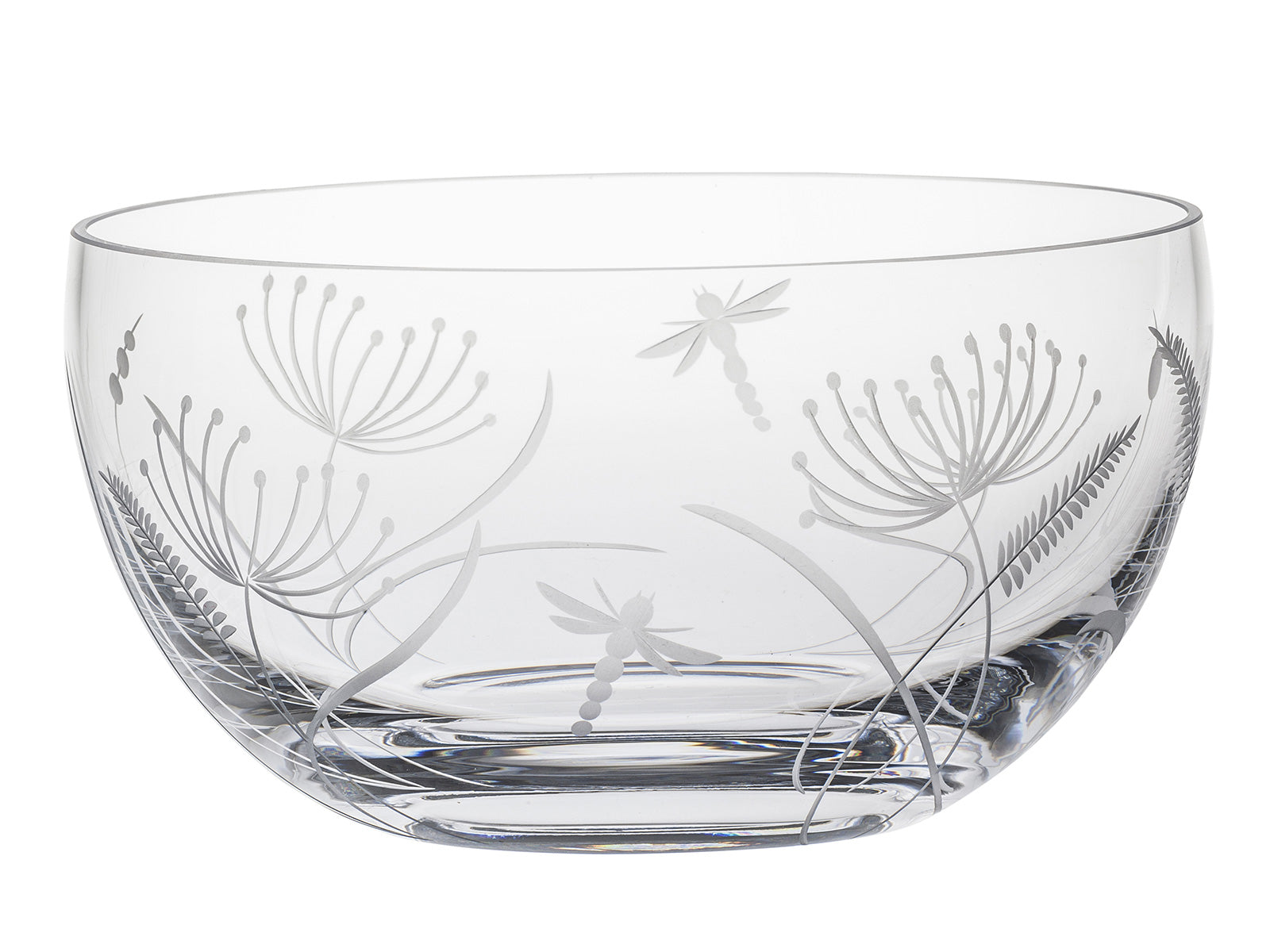 Royal Scot Crystal Dragonfly Bowl - Fruit / Salad is engraved with the signature Sanderson print of dragonflies amongst a field of dandelions and bulrushes. Crafted from crystal and hand-cut in Britain, this large serving bowl is the perfect gift for a new home owner.
