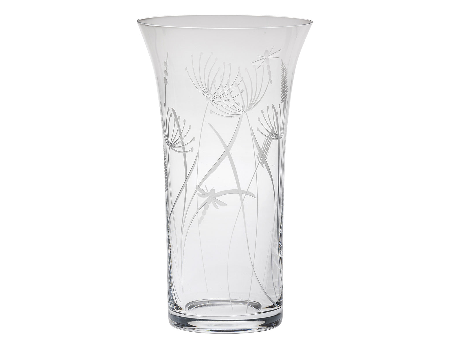 Royal Scot Crystal Dragonfly Vase - Flared / Large is crafted of a hand-cut crystal in Britain and engraved with swaying dandelions and bulrushes, along with a pair of dragonflies flying amongst them. A wider vase than its younger sibling, it has a straight body that opens out into a flared top.