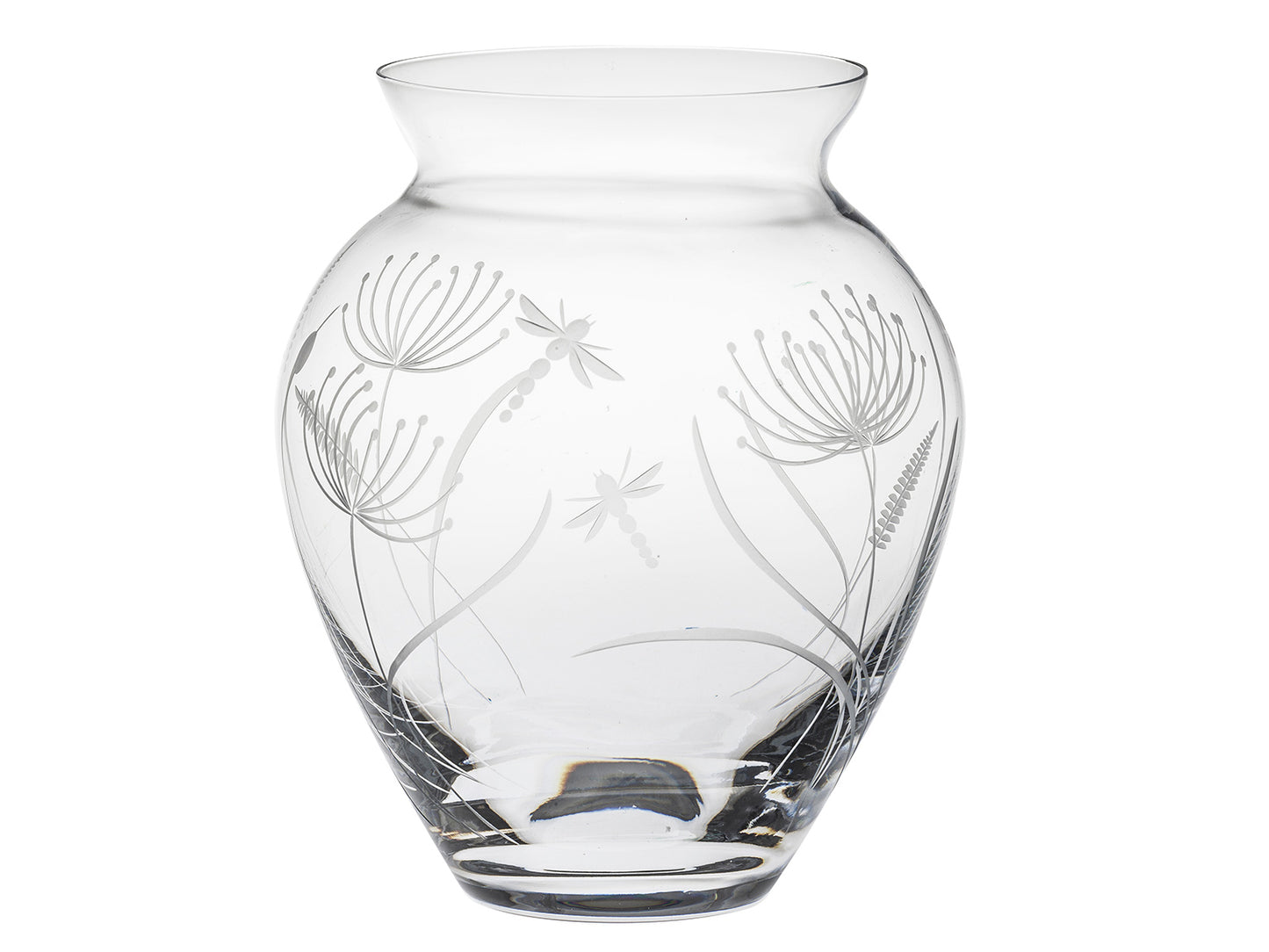 Royal Scot Crystal Dragonfly Vase - Posy / Large is hand-crafted in the UK of the finest crystal, engraved with the Sanderson print of daffodils and bulrushes, with two dragonflies dotted amongst them. The vase has a bulbous body that tapers into a slimmer neck to place flowers into.