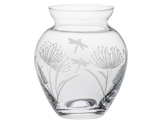 Royal Scot Crystal Dragonfly Vase - Posy / Small is hand-crafted in Britain from the finest crystal, engraved with daffodils and bulrushes all around its bulbous exterior, as well as a pair of dragonflies flying amongst the foliage.