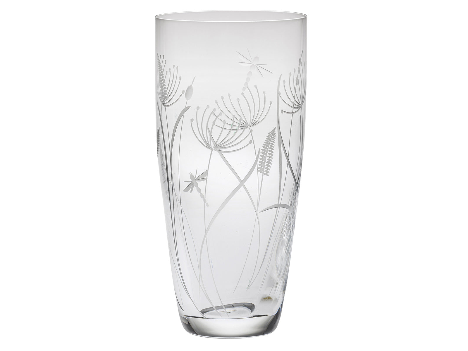 Royal Scot Crystal Dragonfly Vase - Tall is hand-crafted i Britain from the finest crystal and engraved with long-stemmed depictions of dandelions and bulrushes, as well as a pair of dragonflies flying amongst them. A thin and wider vase, this would be ideal for long-stemmed flowers such as sunflowers.