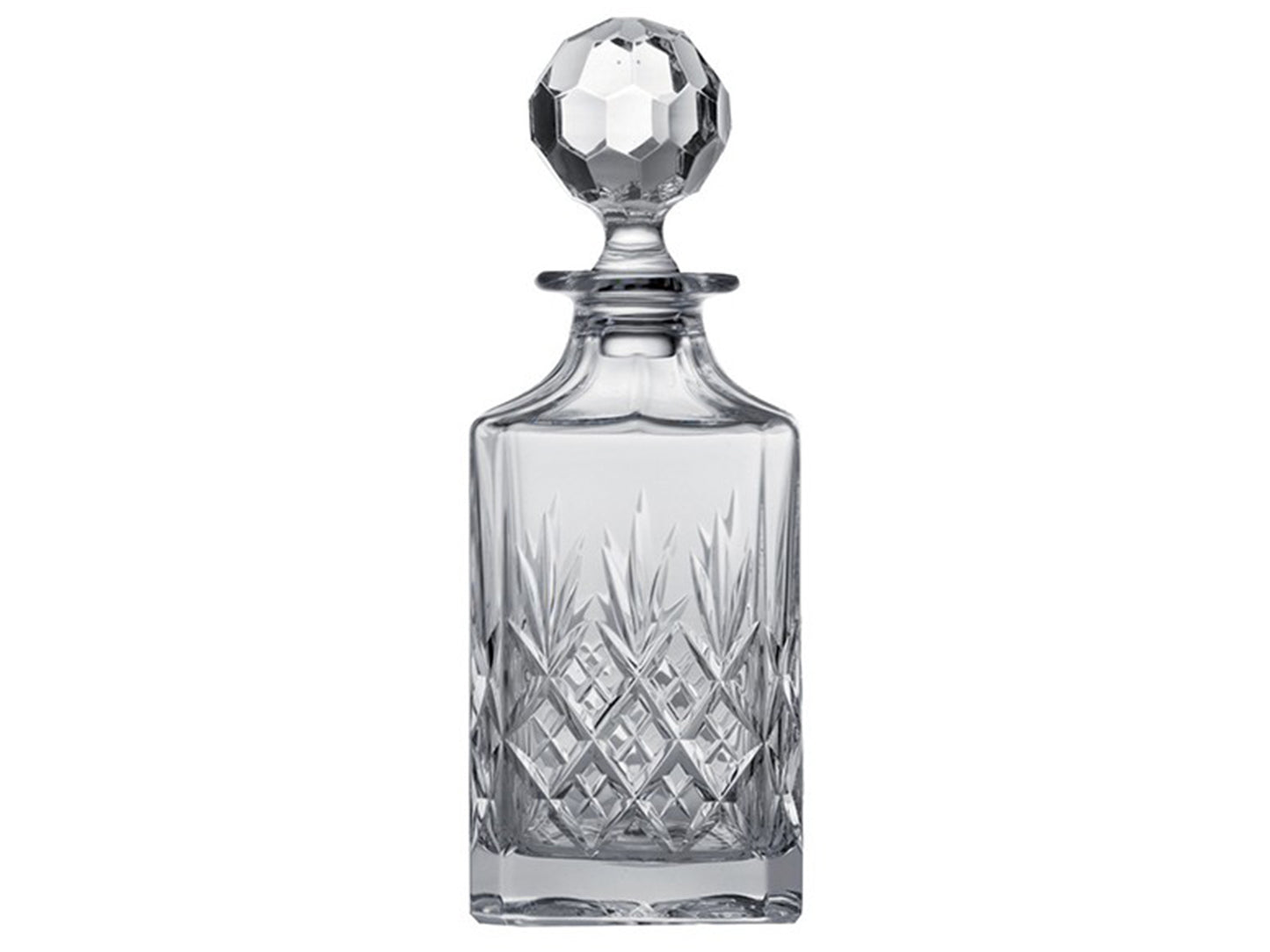 A crystal decanter with a square body, featuring the triple flicked Edinburgh cut, topped with a crystal golf-ball style stopper