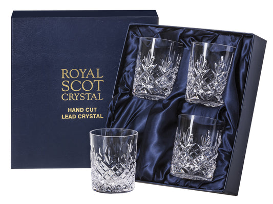 Royal Scot Crystal Edinburgh Whisky Tumblers - Set of 4 are hand-cut in Britain with the staple triple-flicked Edinburgh design. Each glass is small and lightweight, and is straight and cylindrical in shape.