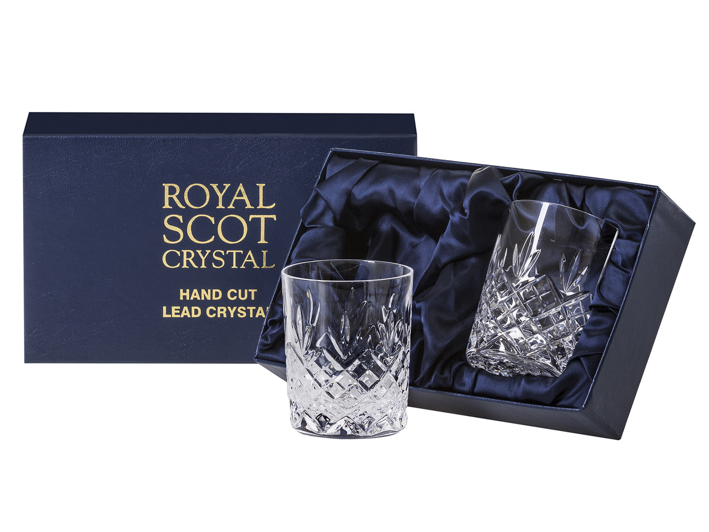 Royal Scot Crystal Edinburgh Whisky Tumblers - Pair are hand-cut in Britain with the triple-flicked Edinburgh design. Smaller and lighter in weight, these glasses adopt the straight cylindrical shape of the larger tumblers, just without a weighted crystal base.