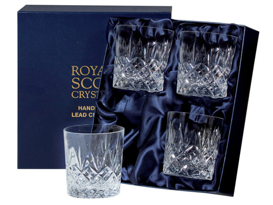 Royal Scot Crystal Edinburgh Tumblers - Large / Set of 4 are hand-cut in Britain with the signature triple-flicked Edinburgh design. Each glass is straight and cylindrical in shape, and has a weighted bottom so to avoid spilling if knocked.