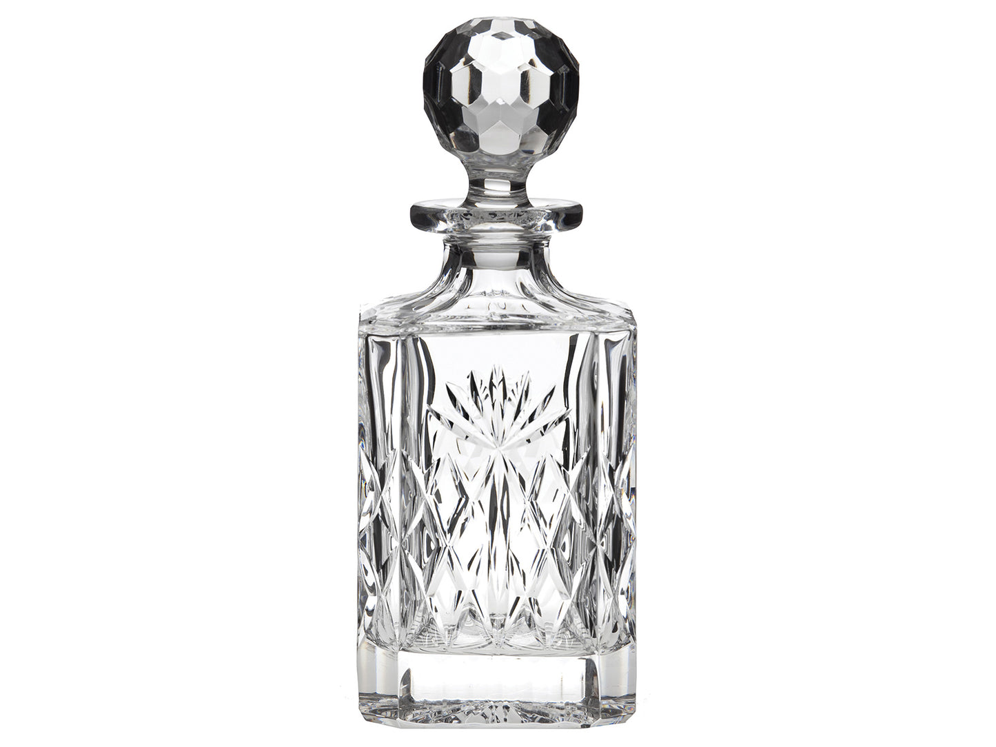 A crystal decanter with a cut glass design around the outside, featuring a bed of diamonds around the base and a seven-pointed fan above it with a smooth top and golf-ball style stopper
