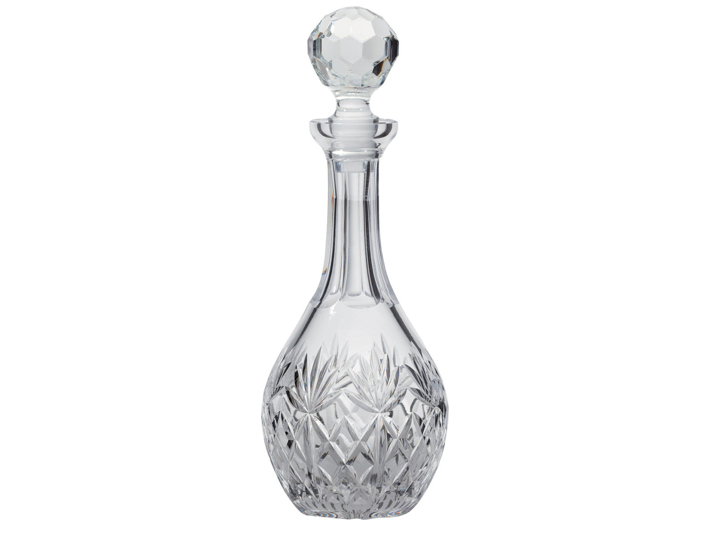 A rounded wine decanter with a slender neck and golf-ball style stopper. The decanter is cut with the Kintyre design, which has a bed of diamonds around the base with seven-pointed fans above it, with a smooth neck and rim