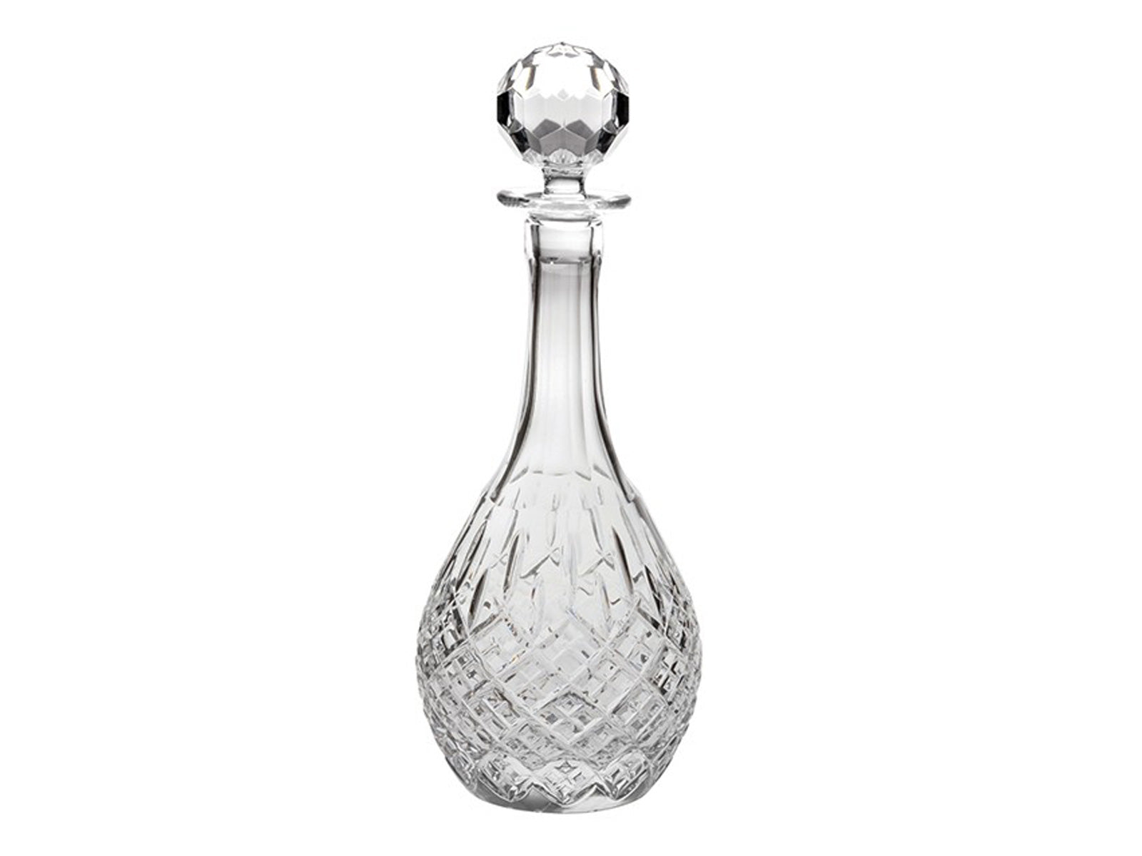 A crystal wine decanter with a long neck and tapered stopper. It is cut with a bed of diamonds around the base with single flicks reaching up towards the top.