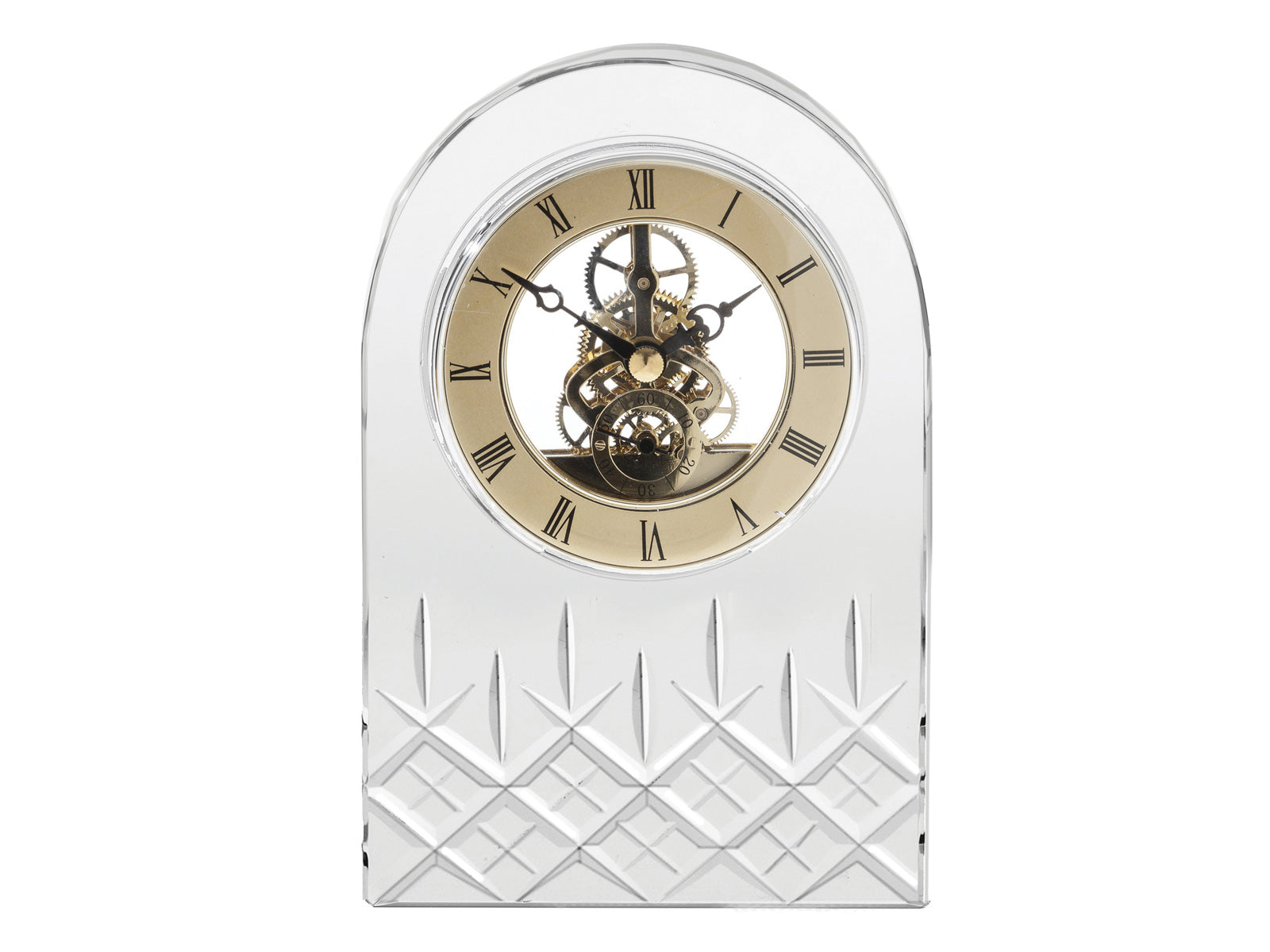 A large domed crystal clock with an exposed mechanism made of gold and black pieces. It has a london design cut into the back, which has a bed of diamonds with single flicks going up towards the clock face.