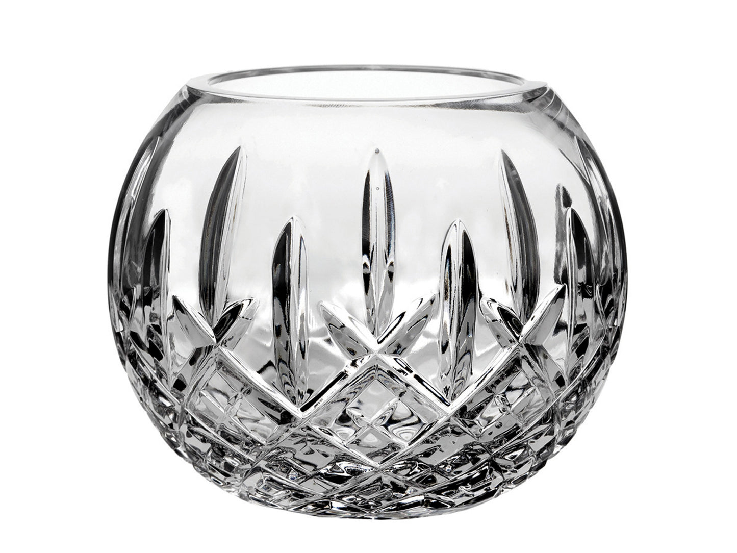 A round crystal vase with a cut pattern on the outside, featuring a bed of diamonds and single dashes going up towards the smooth rim