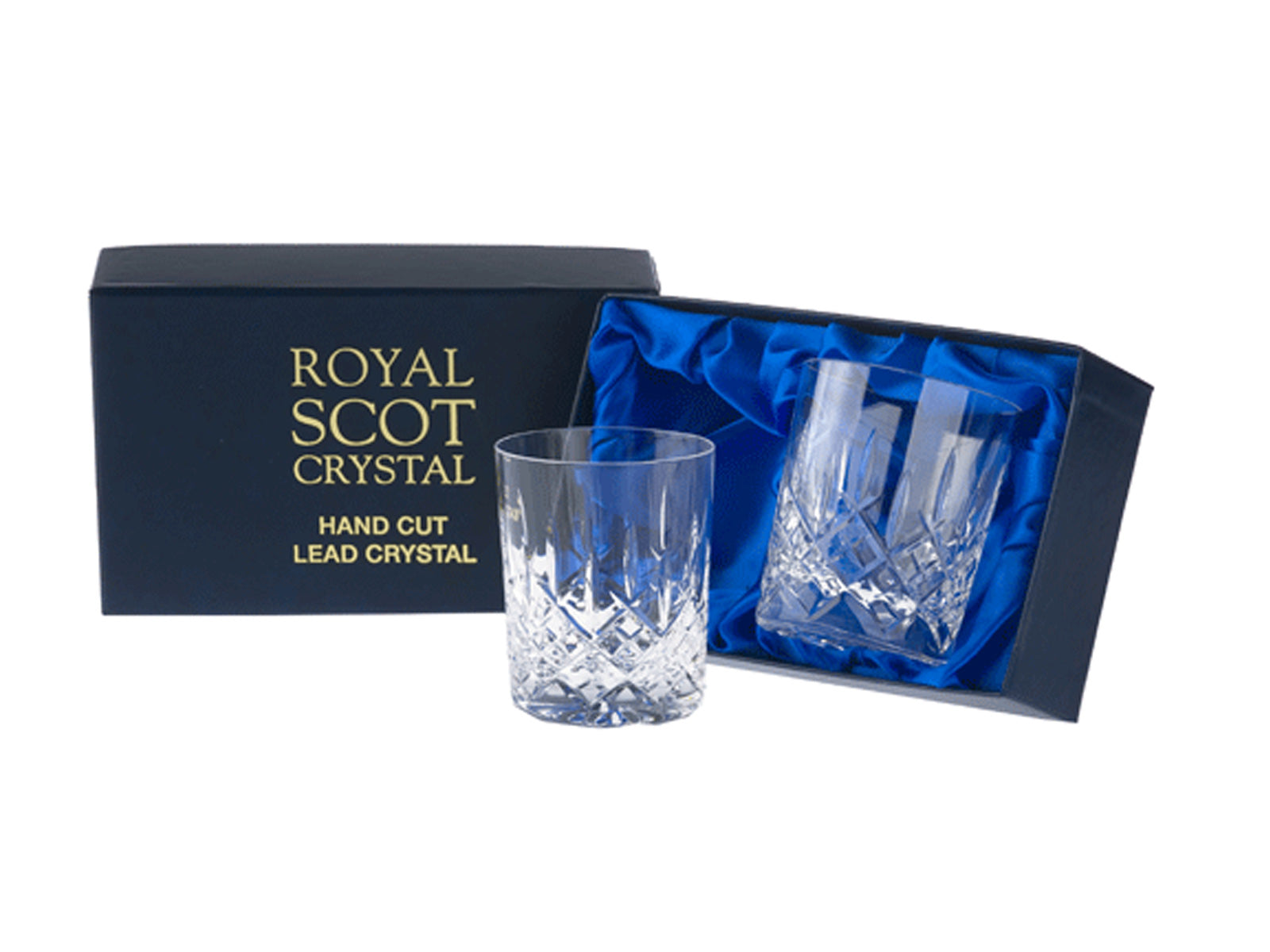 A pair of small whiskey tumblers with a cut design featuring a bed of diamonds and dashes up towards the smooth edge of the glass