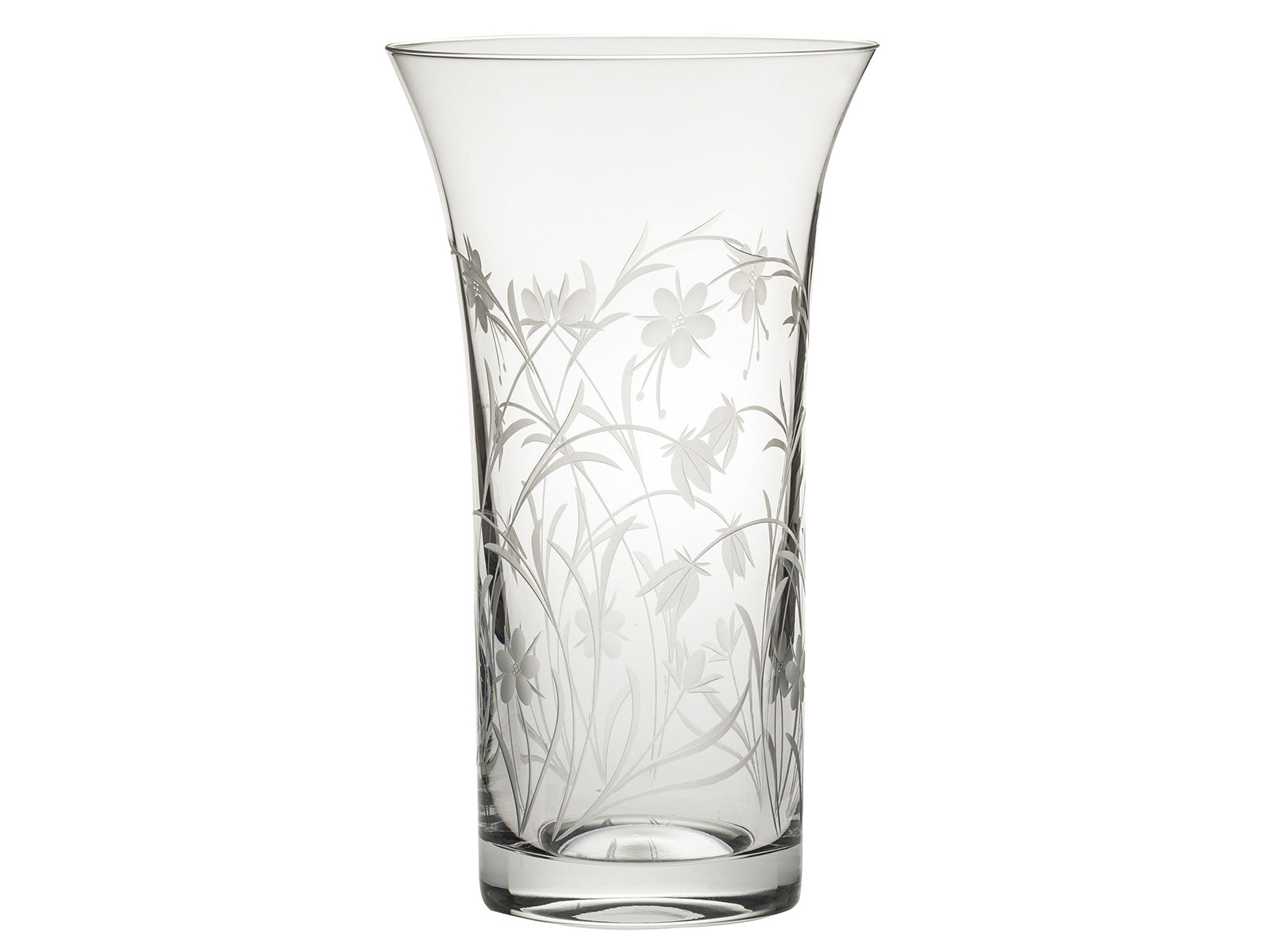 A straight vase with a gently flared lip, engraved with a winding wildflower design around the outside.