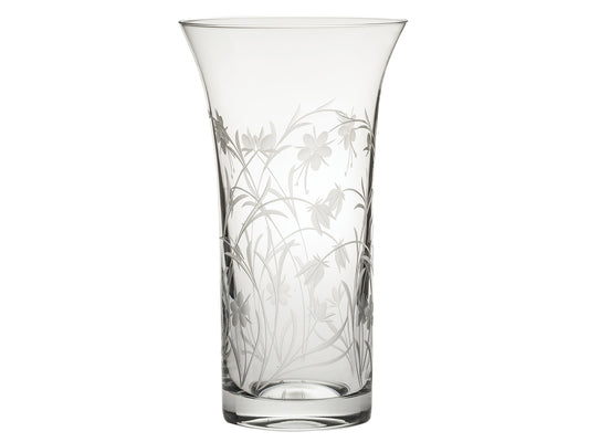 A straight vase with a gently flared lip, engraved with a winding wildflower design around the outside.