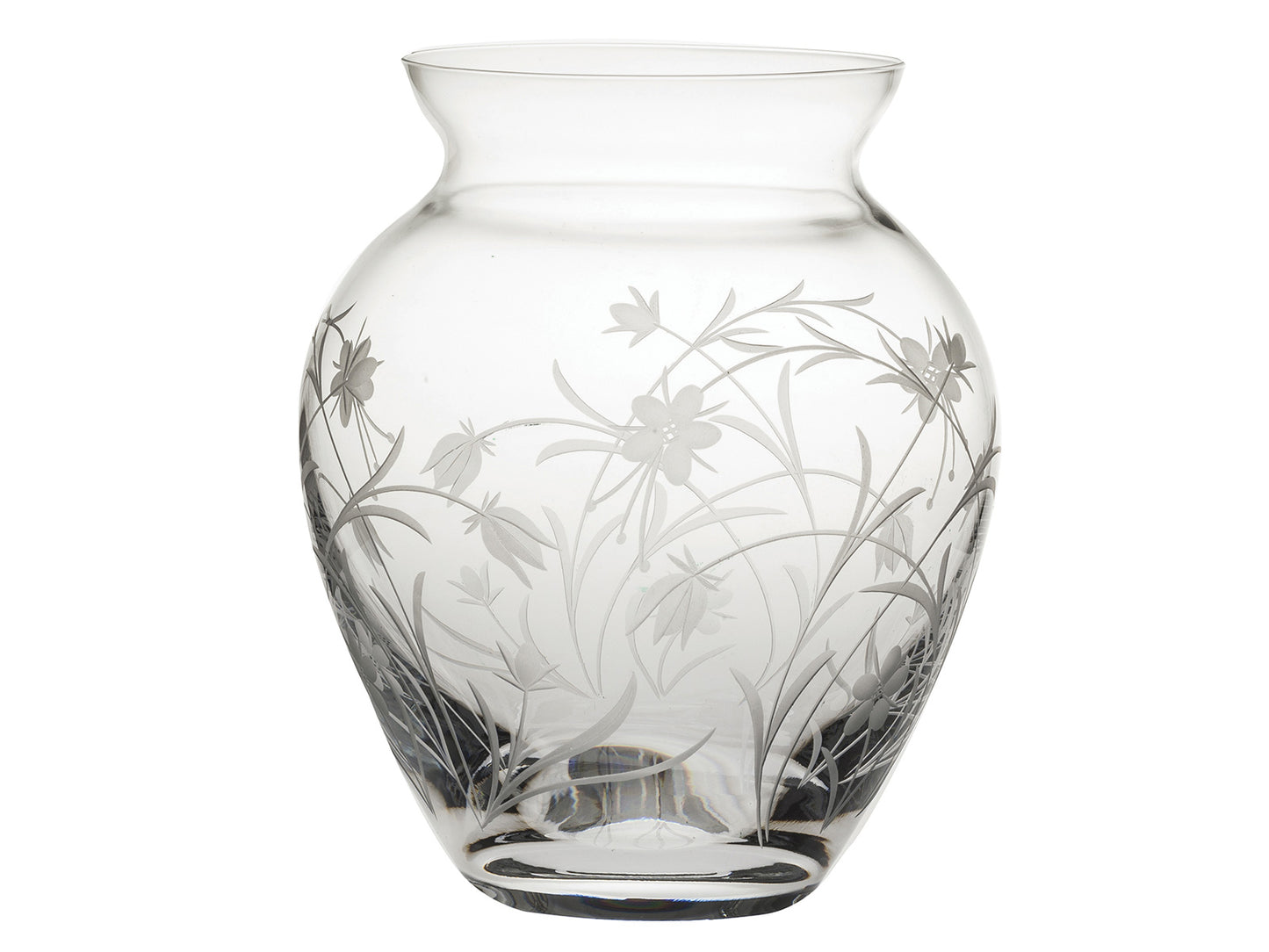 A curvaceous posy vase with a cinched high waist, engraved with a frosted wildflower motif around the outside