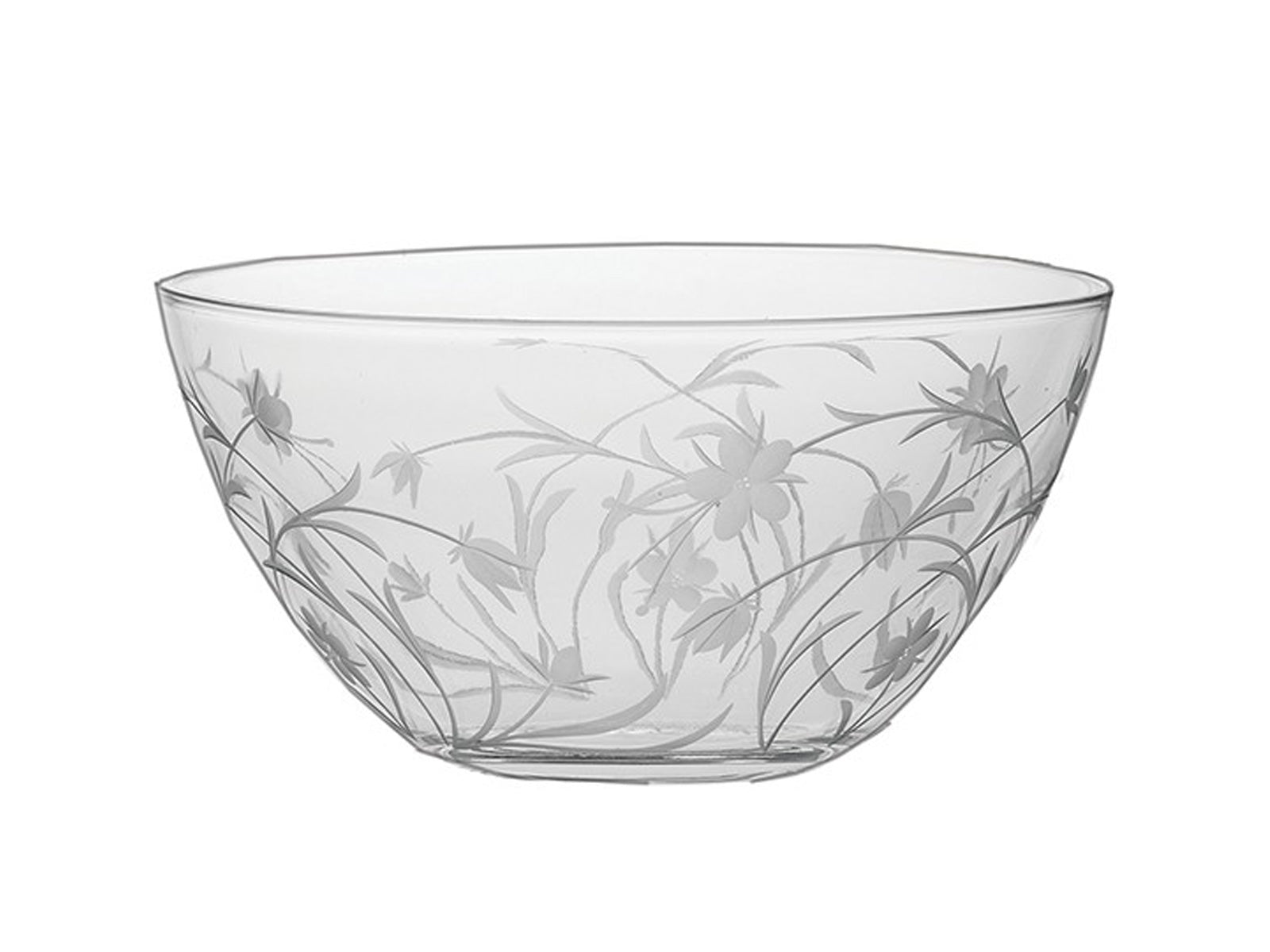 A large crystal bowl with a winding wildflower design engraved in the outside