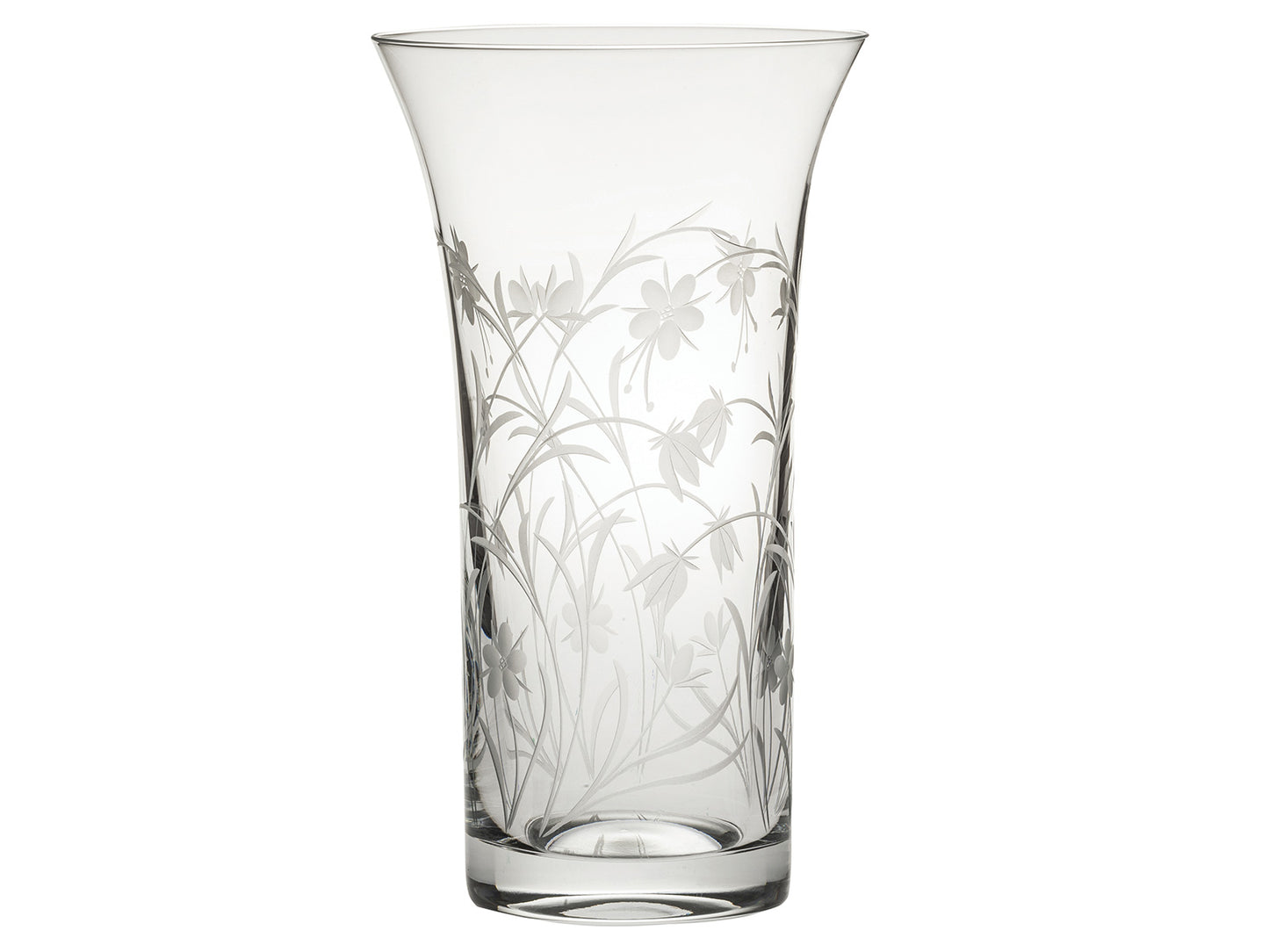 A large straight vase with a gently flared lip, engraved with a winding wildflower motif around the outside.