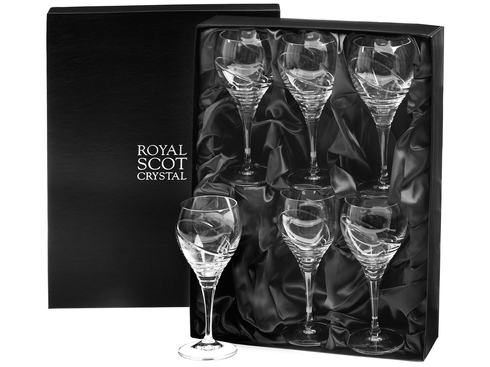 A set of six crystal wine glasses with an orbital pattern cut into the outside. They come in a dark grey presentation box