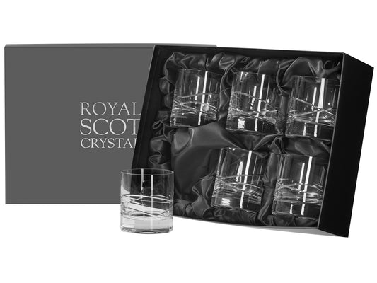 A set of six crystal glasses with an orbital design cut into the outside. They come in a gunmetal presentation box.