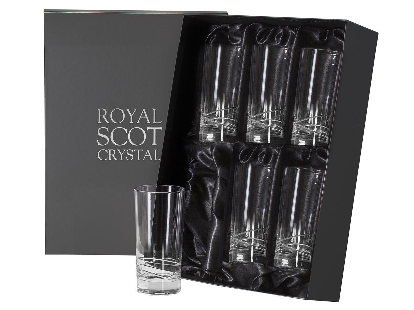 A set of six matching crystal highball tumblers with an orbital design cut around the base. They come in a gunmetal presentation box.