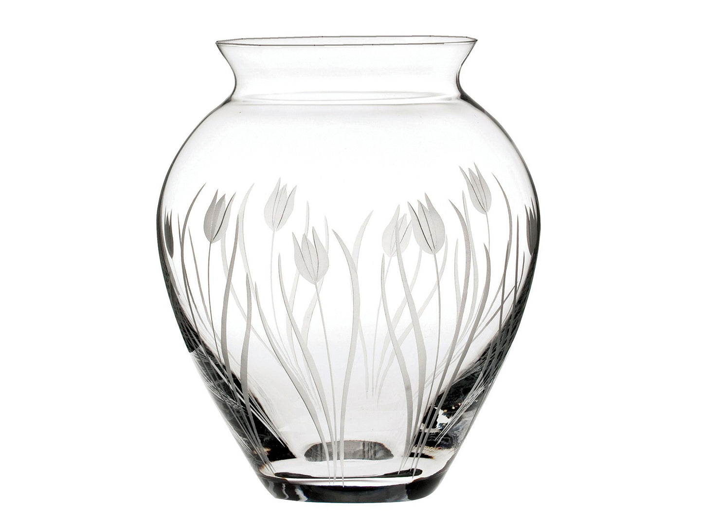 A large crystal posy vase with a high waist and a frosted tulip design cut into the outside