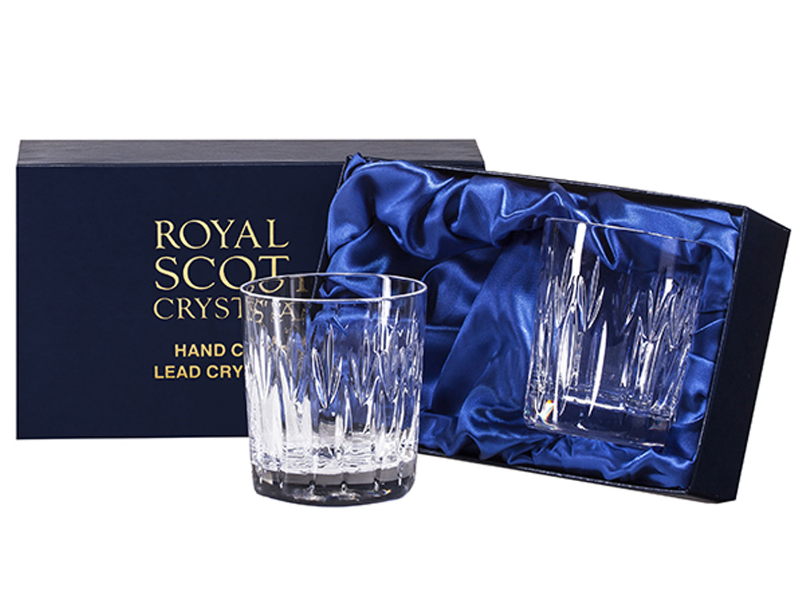 A pair of cut crystal tumblers in a blue presentation box