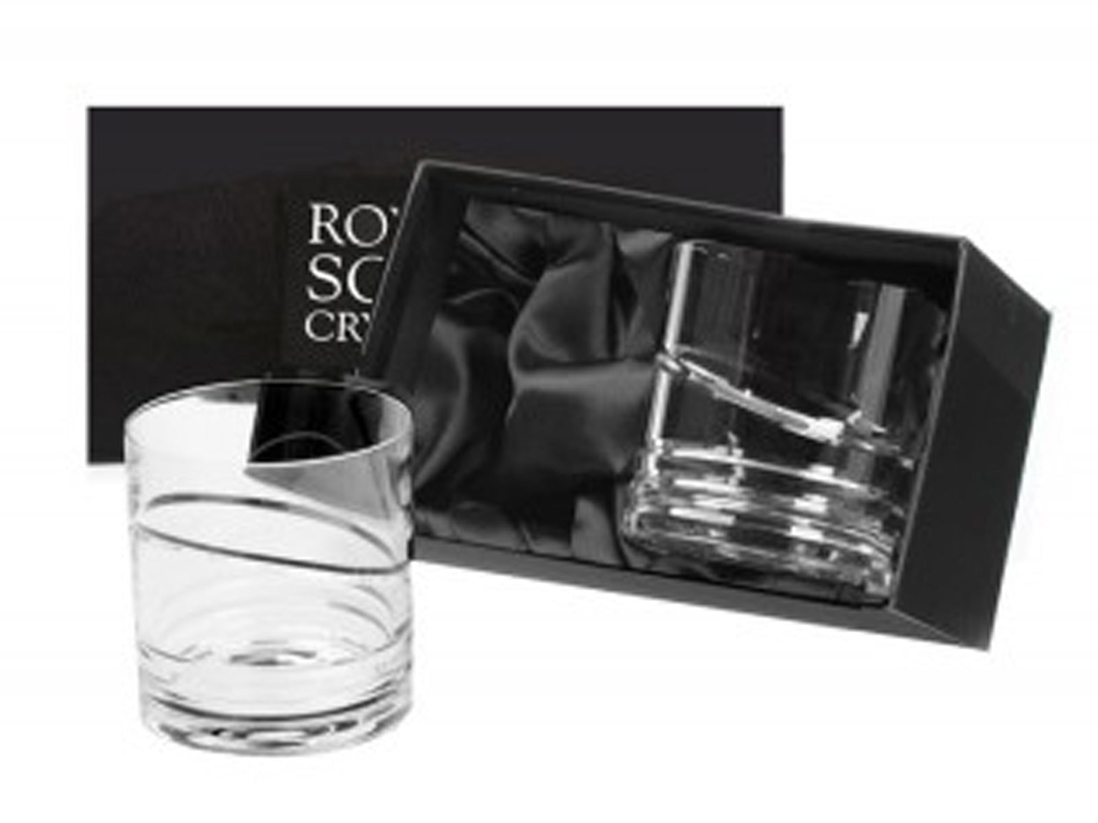A pair of crystal tumblers with an orbital design around the outside, in a dark grey presentation box with silver branding on the lid