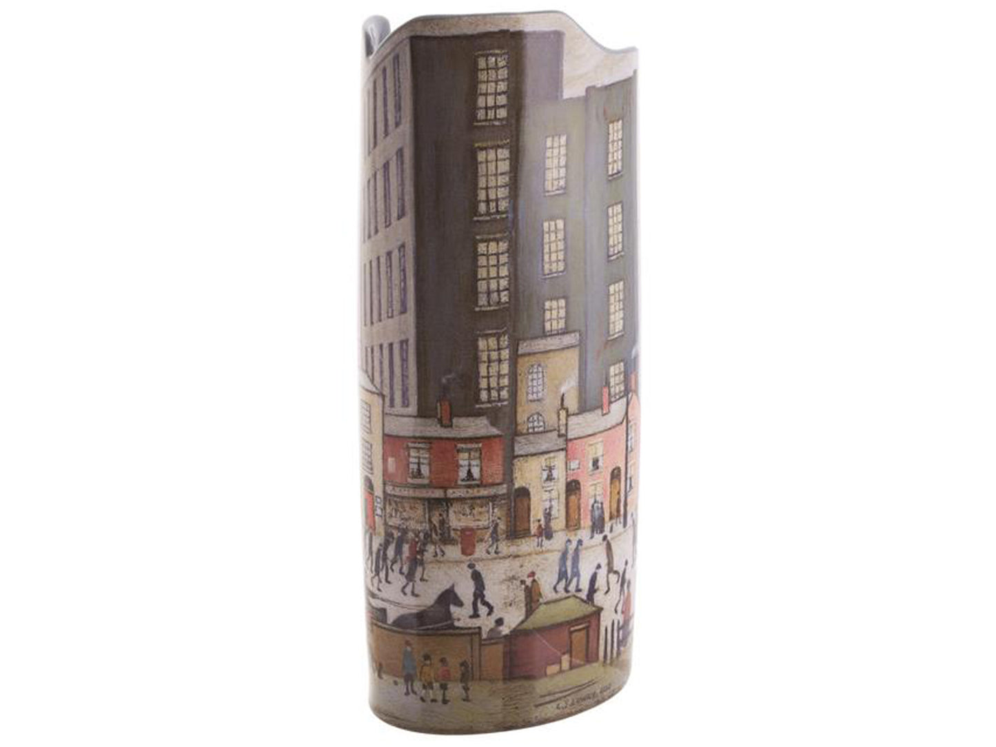A porcelain vase that has been printed with Lowry's painting 'Coming from the Mill'. Using slightly more muted colours such as greys, whites and blues, this piece has an uneven top edge that slopes up and down to mimic the buildings depicted in the picture. It is an idea size for holding a large bouquet of longer stemmed flowers.