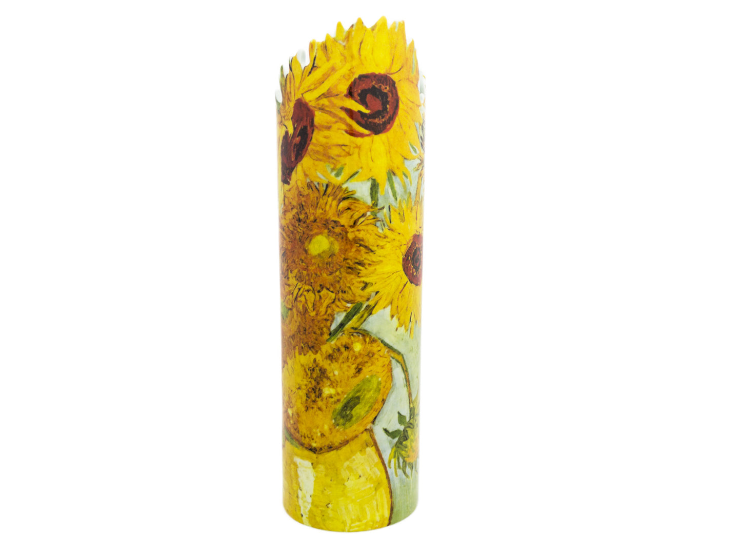 A porcelain vase with Vincent Van Gogh's iconic Sunflowers painting laid into it, with the top edge of the vase following the shape of the flowers
