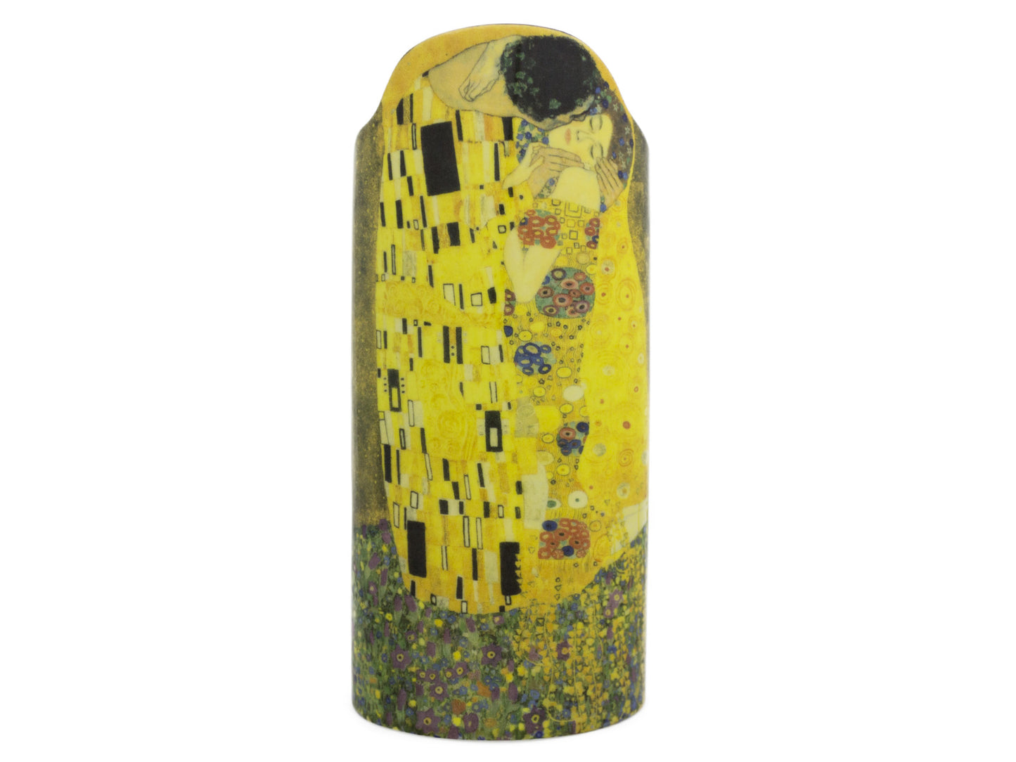 A porcelain vase that has been printed with a depiction of Klimt's painting 'The Kiss'. The vase is decorated with a flurry of flowers and a couple which are blended amongst them in yellows and browns sharing a loving exchange. The top edge of the vase is irregular in shape as it as a risen lip to account for the couples heads.