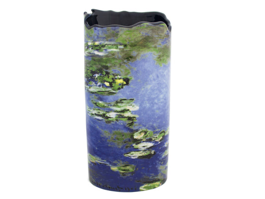A porcelain vase that has been printed with Monet's painting Water Lillies, and shows a blend of blues, greens and whites to evoke the earthy tones of water lilies floating in a pond. The top edge is jagged to fit around the natural shapes of the painting, and it is an ideal size for medium bouquet of longer stemmed flowers.