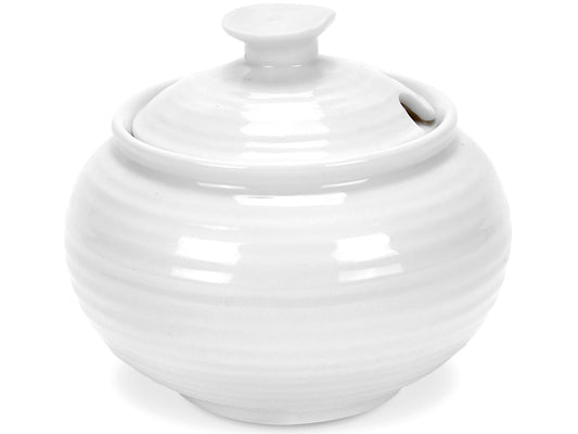 A round white porcelain pot with a lid that has a handle and spoon dip in it
