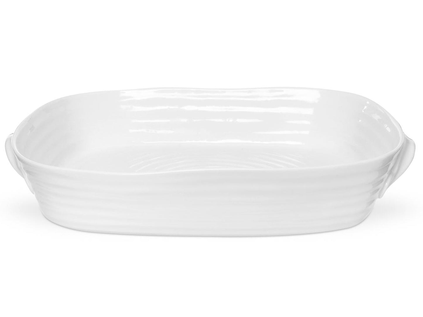 A large rectangular roasting dish with deep sides and handles on the outside