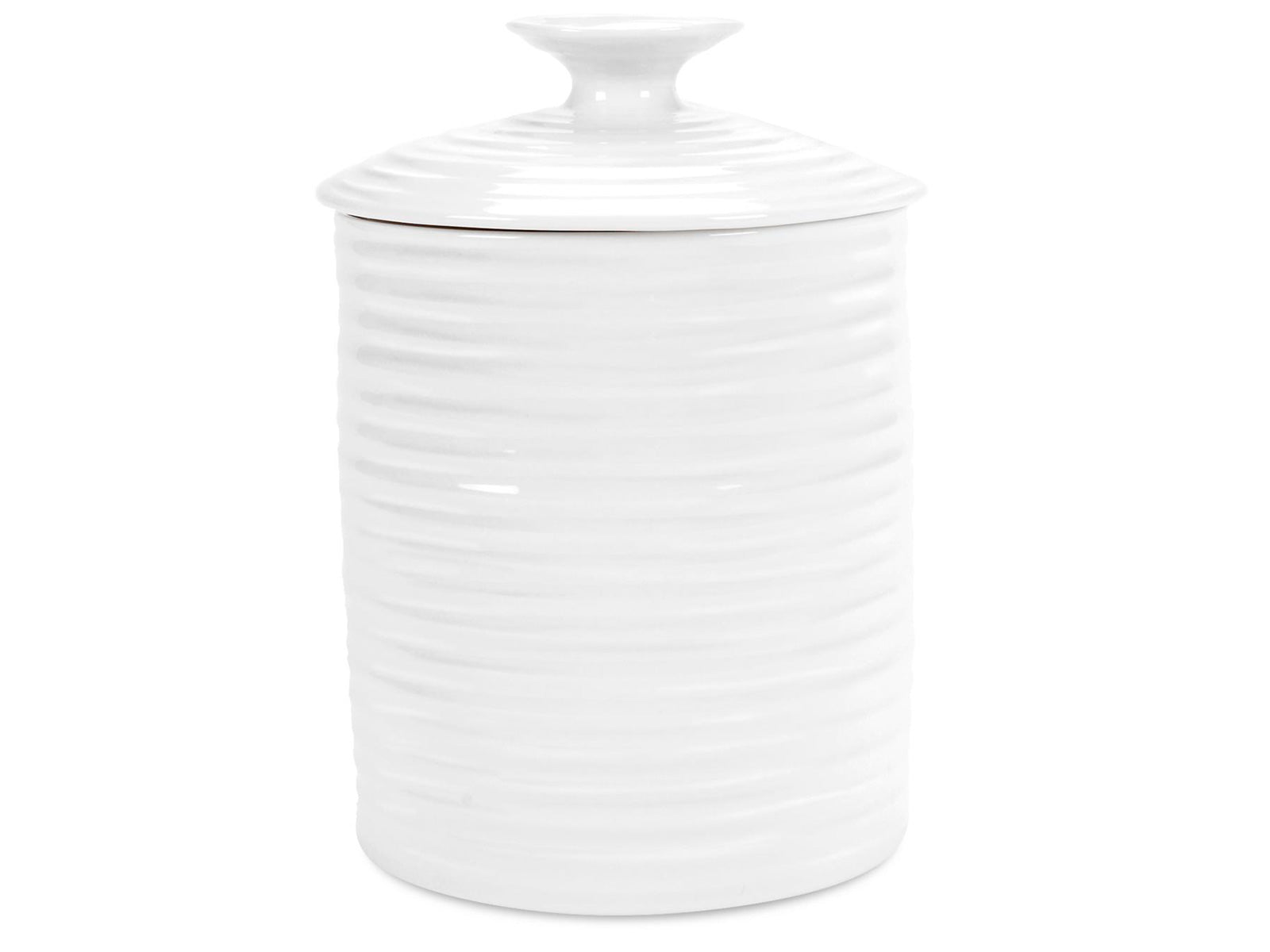 A porcelain storage container with a handled lid with a rippled texture