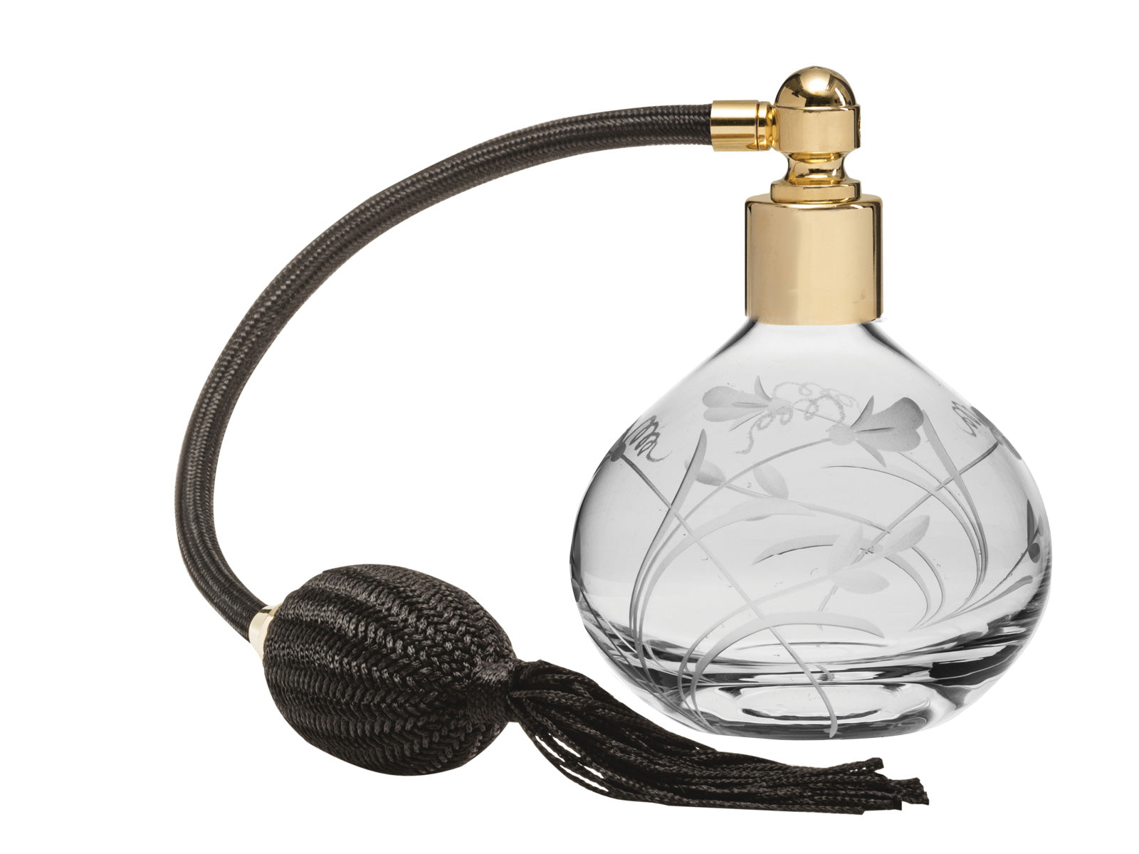 A delicate crystal perfume atomiser with a black puffer. The glass bottle is delicately engraved with a sweet-pea design