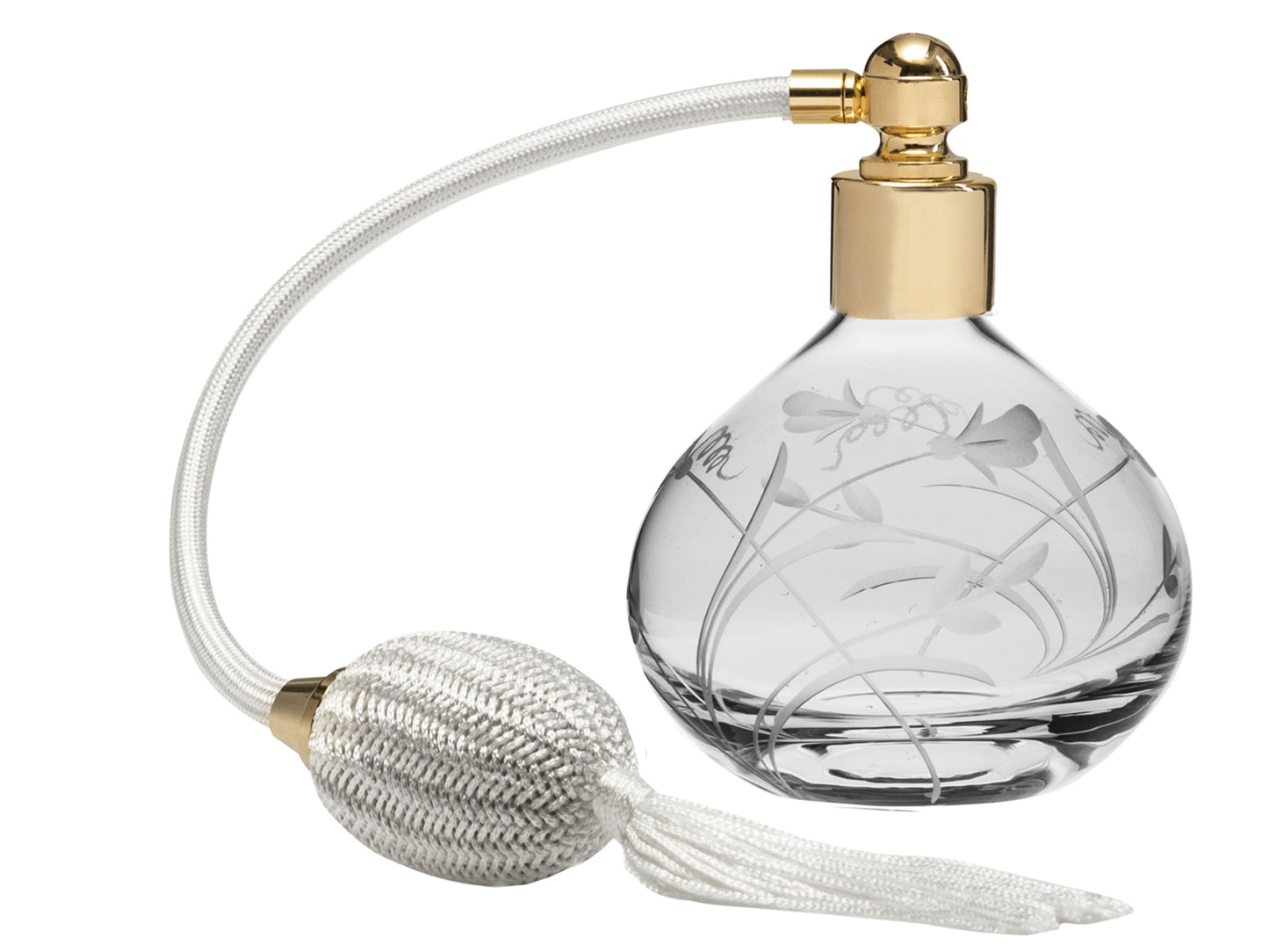 A round crystal perfume atomiser with a delicate sweet pea design engraved into the glass bottle, completed with a cream puffer