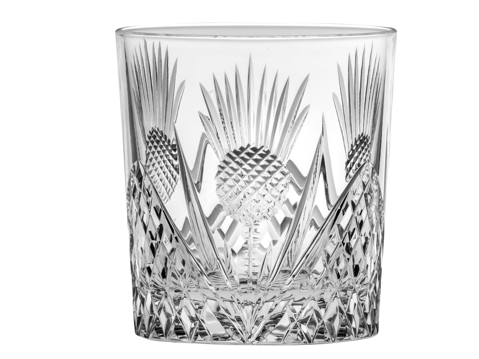 A large straight-sided crystal tumbler with a bed of diamonds cut around the base and a scottish thistle motif cut into the sides
