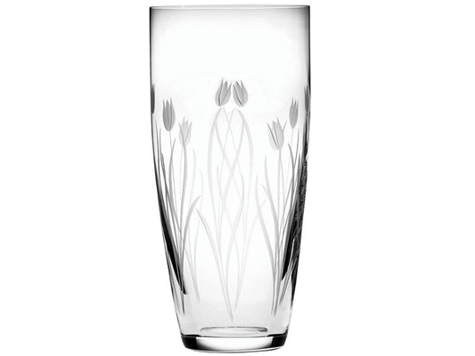 A tall, gently tapered crystal vase that is clear with a frosted tulip design cut into the outside