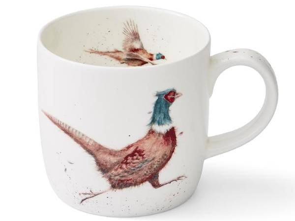 A white ceramic coffee mug featuring a detailed watercolor illustration of a pheasant bird on the side and a smaller bird printed inside the rim.