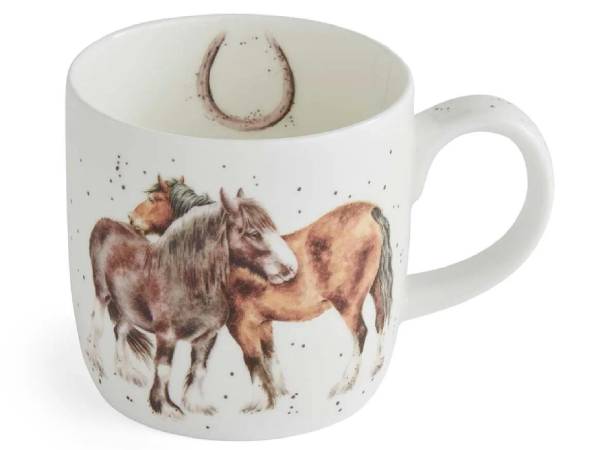 A white ceramic mug featuring a watercolor-style illustration of two horses and a horseshoe inside the cup, shown on a plain white background.